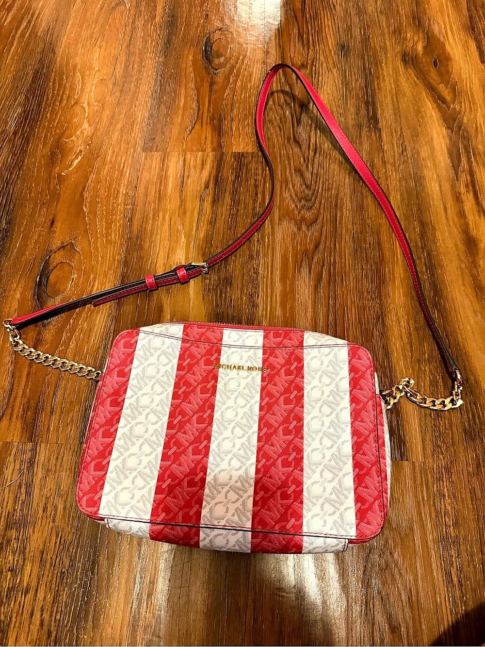 Michael Kors Rivington Striped Logo Camera Bag Red & White